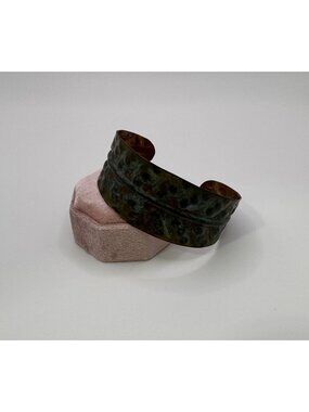 Hammered Copper Cuff Bracelet Patina Rustic Artisan Wide 7 Inch Vintage Boho